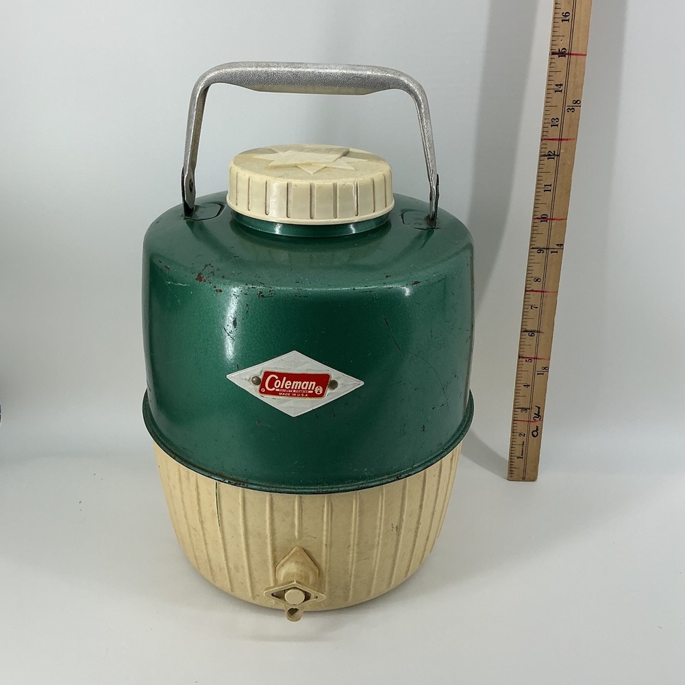 Vintage Coleman Green Cream Insulated Water‎ Jug Cooler 1 Gallon Spout Made USA